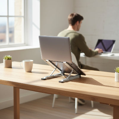 ordimateur portable posé sur un Support pc portable sur un bureau moderne en bois avec un homme qui travaille sur son bureau en arrière-plan