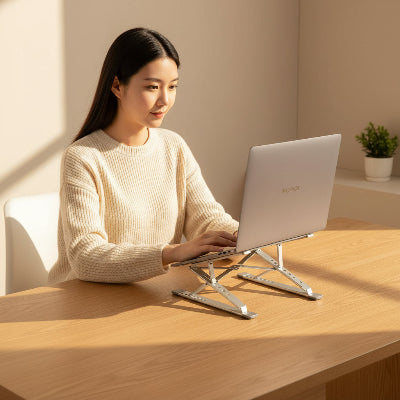 femme travaillant sur un ordinaeur portable posé sur un Support pc portable sur un bureau en bois 