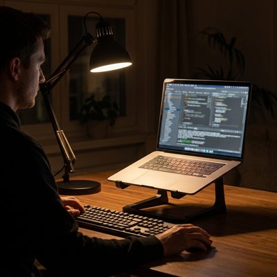 un homme travail a son bureau sur un ordinatuer portable posé sur un support pc portable noir