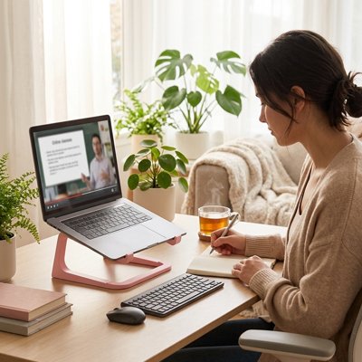une femme travaille a son bureau avec un ordinateur posé sur un support pc portable rose posé sur son bureau en bois