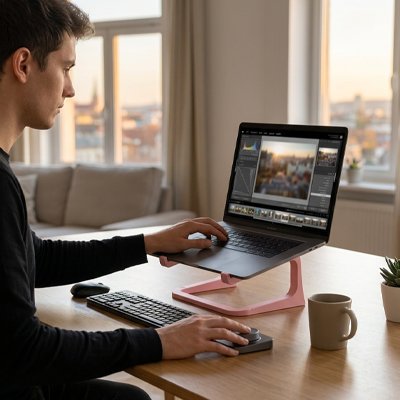 Personne travaillant sur un ordinateur portable installé sur un support pc portable ergonomique rose dans un bureau moderne.
