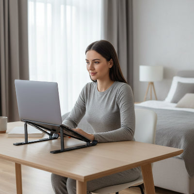 femme a son bureau de travail avec son portable posé sur un Support pc portable dans la chambre 