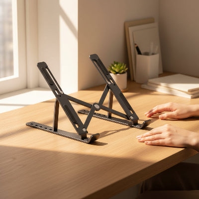 Support pc portable posé sur un bureau en bois 