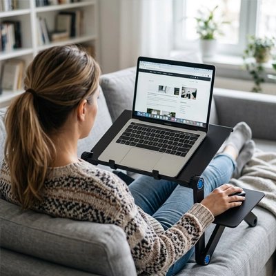 femme assise sur son canapé avec un ordinateur posé sur un Support pc portable lit en an de travailler confortablement