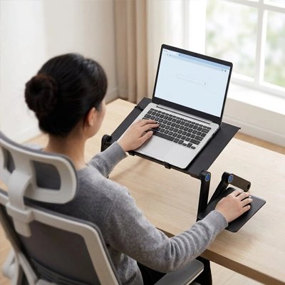 femme assise sur une chaise en train de travailler sur son ordinateur portable posé sur un Support pc portable lit posé sur un bureau en bois