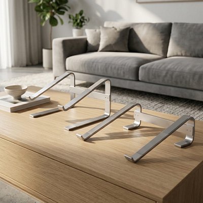 Support ordinateur portable deux modele posé sur une table de salon 