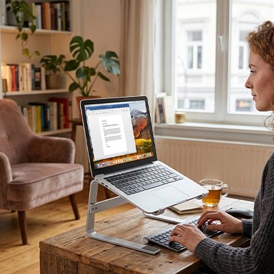 Support ordinateur portable modele élever posé sur table de salon avec femme qui tape sur son clavier 