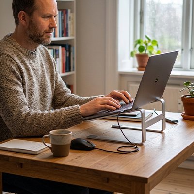 Homme travaillant sur un ordinateur portable installé sur un support ergonomique en aluminium. 
