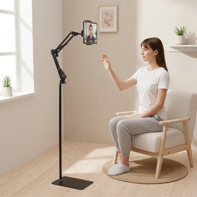 Support pour tablette sur pied avec bras articulé réglable en hauteur, idéal pour les appels vidéo, la télésanté, les réunions en visioconférence, les formations à distance et une utilisation mains libres à la maison ou au bureau.