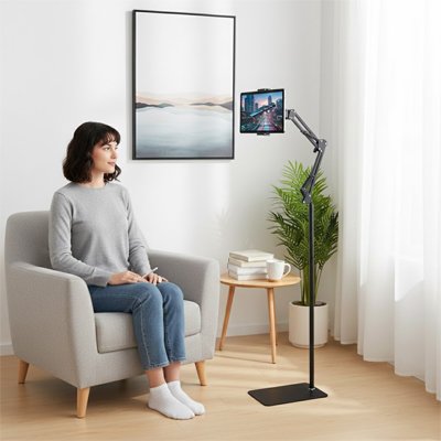 Support pour tablette sur pied avec bras articulé réglable en hauteur, idéal pour les appels vidéo, la télémédecine, les cours en ligne, le télétravail et une utilisation mains libres dans le salon ou au bureau.
