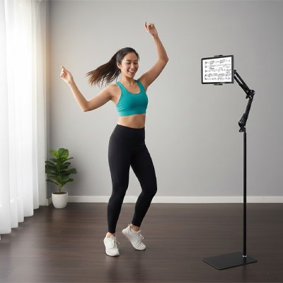 Support pour tablette sur pied réglable en hauteur avec bras articulé, idéal pour suivre des cours de sport, des entraînements en ligne, des recettes ou des visioconférences en gardant les mains libres.