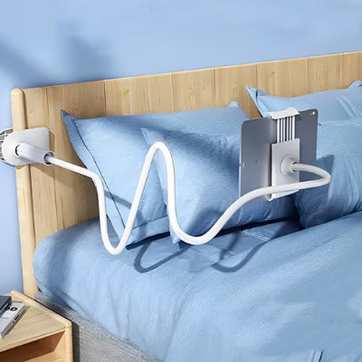 Support pour tablette flexible à fixer sur une tête de lit, avec bras col de cygne réglable, idéal pour lire, regarder des vidéos ou participer à des appels vidéo confortablement depuis son lit, les mains libres.