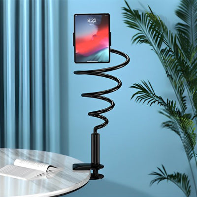 Support pour tablette flexible à bras col de cygne fixé au bureau, offrant un maintien stable et réglable pour une utilisation mains libres en télétravail, lecture, visioconférence ou divertissement.