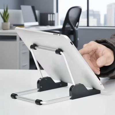 Support pour tablette ergonomique réglable en aluminium utilisé sur un bureau blanc avec une tablette électronique. Il offre un angle de lecture confortable, améliore la posture et facilite le télétravail, les études, les visioconférences et la consultation de documents.