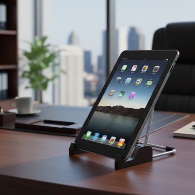 Support pour tablette ergonomique réglable en aluminium utilisé sur un bureau marron avec une tablette électronique. Il offre un angle de lecture confortable, améliore la posture et facilite le télétravail, les études, les visioconférences et la consultation de documents.