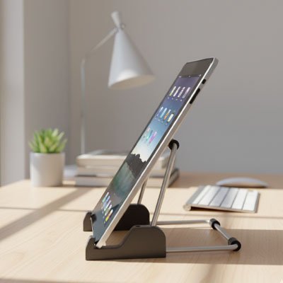 Support pour tablette ergonomique réglable en aluminium utilisé sur un bureau avec une tablette électronique. Il offre un angle de lecture confortable, améliore la posture et facilite le télétravail, les études, les visioconférences et la consultation de documents.