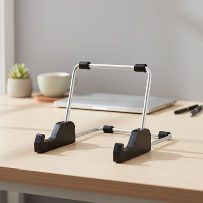 Support pour tablette ergonomique réglable en aluminium  sur un bureau . Il offre un angle de lecture confortable, améliore la posture et facilite le télétravail, les études, les visioconférences et la consultation de documents.