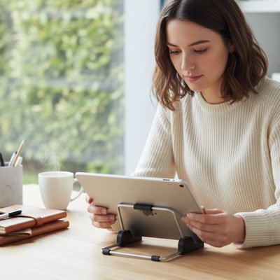 Support pour tablette ergonomique réglable en aluminium utilisé par une femme sur un bureau avec une tablette électronique. Il offre un angle de lecture confortable, améliore la posture et facilite le télétravail, les études, les visioconférences et la consultation de documents.