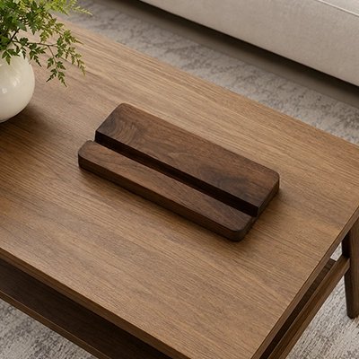 Support tablette en bois massif au design minimaliste posé sur une table. Compact et élégant, il maintient une tablette ou un smartphone en position stable pour une lecture confortable, le télétravail, les visioconférences, la cuisine ou les études.