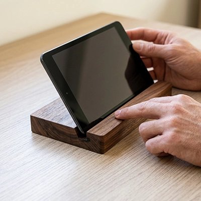 Support tablette en bois naturel avec tablette électronique en position inclinée. Son design minimaliste et stable offre un angle de lecture confortable, idéal pour le bureau, la cuisine, les études, les visioconférences et le télétravail.