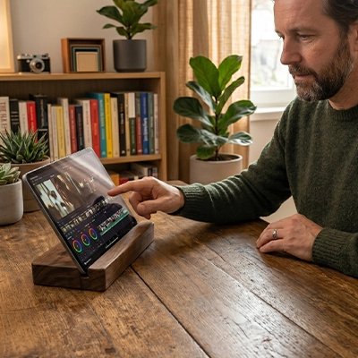 Support tablette en bois massif posé sur une table en bois, maintenant une tablette en position inclinée pour une lecture confortable. Idéal pour le télétravail, les recettes de cuisine, les visioconférences et les études grâce à son design élégant, stable et ergonomique