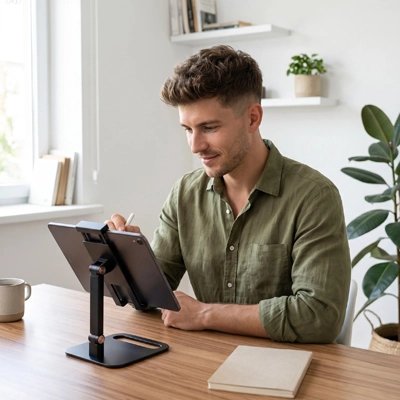 Personne utilisant un support tablette pour écrire et consulter sa tablette dans un espace de travail lumineux et organisé.