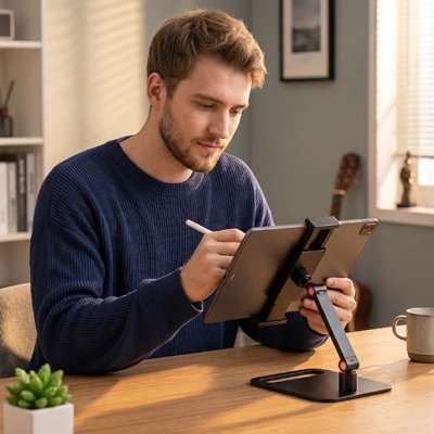 Personne utilisant un support tablette afin de prendre des notes sur une tablette dans un espace de travail moderne et organisé.