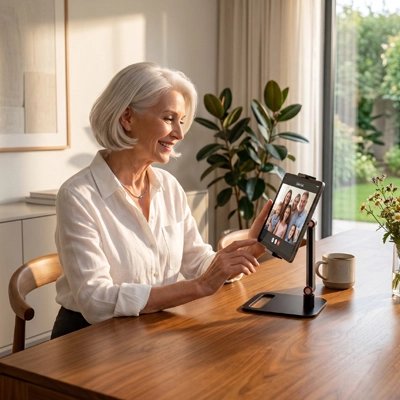 Support tablette utilisé pour un appel vidéo sur un bureau moderne, dans un environnement lumineux et apaisant.