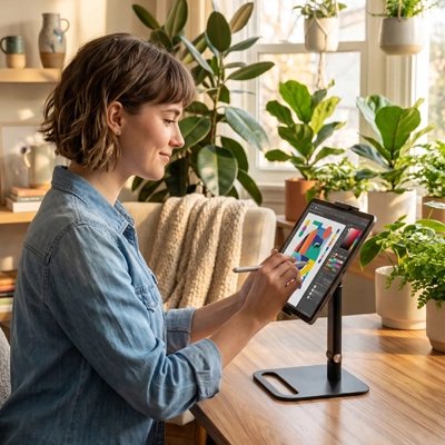 femme utilisant un support tablette sur un bureau organisé pour travailler plus confortablement.