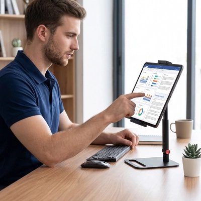 Personne utilisant un support tablette sur un bureau organisé pour travailler plus confortablement.