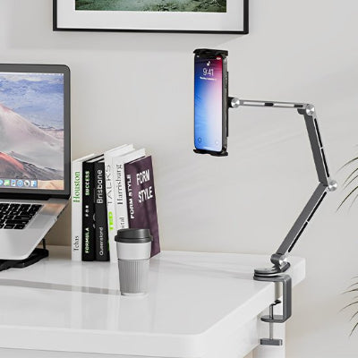 Support tablette lit utilisé en Support de smartphone articulé en aluminium avec fixation sur bureau, bras réglable et rotation à 360°, idéal pour les appels vidéo, le télétravail, le streaming et une utilisation mains libres ergonomique.