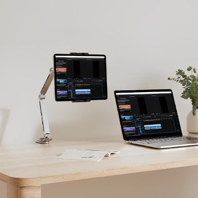 Support de tablette articulé en aluminium avec bras réglable et fixation sur bureau, idéal pour le montage vidéo, le télétravail, les appels vidéo et une utilisation ergonomique en écran secondaire.