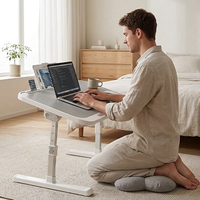 Homme utilisant une table pour ordinateur portable réglable installée sur le sol dans la chambre . Le plateau ergonomique accueille un ordinateur portable, une tablette, un smartphone un tasse a café. Grâce à sa hauteur ajustable et son design moderne, cette table de lit et de canapé offre un espace de travail confortable pour le télétravail, les études, la lecture ou le divertissement à domicile.
