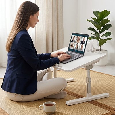 Personne utilisant une table pour ordinateur portable réglable installée sur le sol dans un salon. Le plateau ergonomique accueille un ordinateur portable, Grâce à sa hauteur ajustable et son design moderne, cette table de lit et de canapé offre un espace de travail confortable pour le télétravail, les études, la lecture ou le divertissement à domicile.
