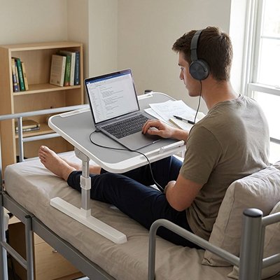 Personne utilisant une table pour ordinateur portable réglable installée sur un lit superposé. Le plateau ergonomique accueille un ordinateur portable, une tablette, un smartphone et des accessoires audio. Grâce à sa hauteur ajustable et son design moderne, cette table de lit et de canapé offre un espace de travail confortable pour le télétravail, les études, la lecture ou le divertissement à domicile.