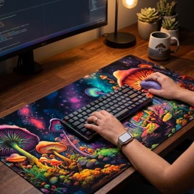 Tapis de bureau champignon sur bureau de bois