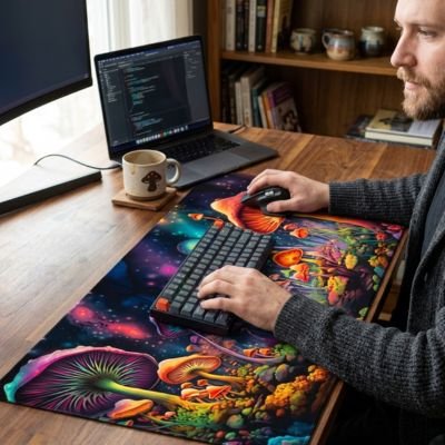 Tapis de bureau | AuraDesk™ champignon homme devant son ecran 