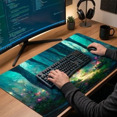 Tapis de bureau foret sur bureau de bois