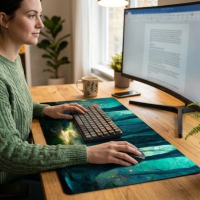 Tapis de bureau | AuraDesk™ sur bureau de bois femme devant son ordi