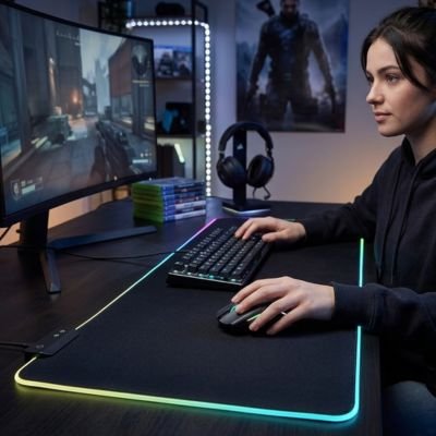 Tapis de bureau | NeoDesk™ femme jouant a un jeu sur son ordinateur