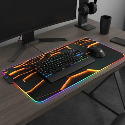 Tapis de souris de gamer | Neon Nexus Pad™ sur bureau brun