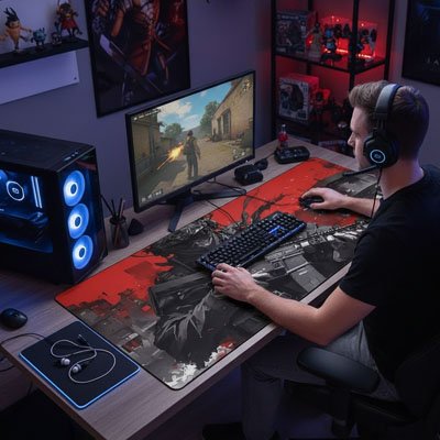 Tapis de souris gamer | ShadowStrike Pad™ rouge sur bureau