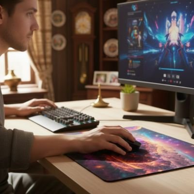 Tapis de souris gaming | CosmoGlide™ sur bureau avec jeunne homme 