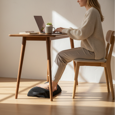 Repose-pieds en mousse CloudStep Ergo noir sous les pieds d’une femme assise à un bureau