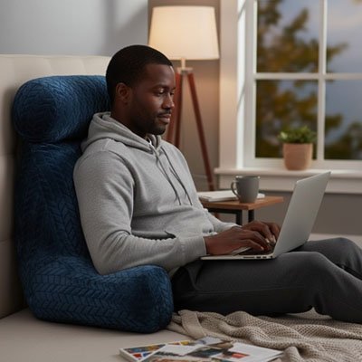 Coussin ergonomique chaise bleu avec homme travaillant sur son lit