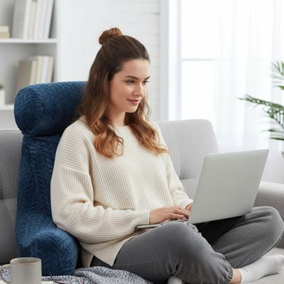 Coussin ergonomique chaise bleu avec femme travaillant sur son canapé
