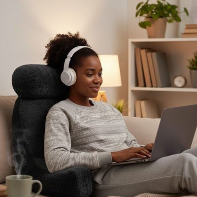 Coussin ergonomique chaise noir avec femme travaillant sur canapé