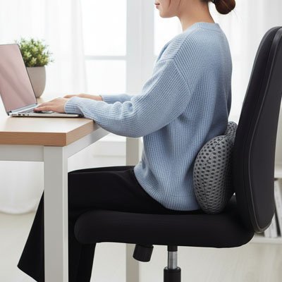 Coussin lombaire gris avec femme sur chaise bureau