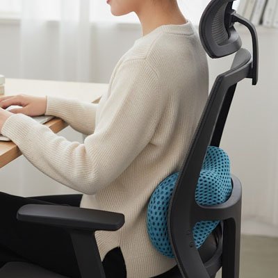 Coussin lombaire bleu sur chaise ergonomique