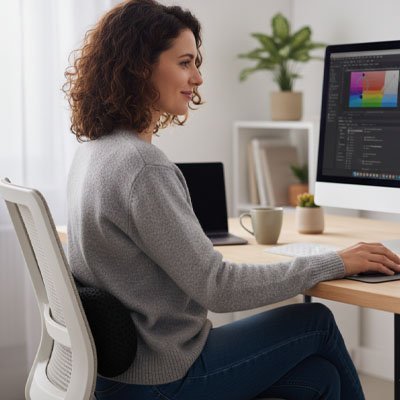 Coussin lombaire noir avec femme sur chaise